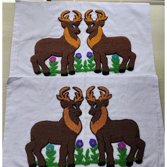PILLOW COVERS-Crewel Stitch-Handmade-Reindeer-White Background16"x26"-Set of 2 - Picture 1 of 13